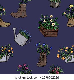 Vintage vector seamless pattern. Graphic sketches of unusual flower pots and wooden bird houses. Hand drawn garden background. Bright colorful botanical wallpaper. For textile, papers, prints, wrap.