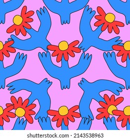 vintage vector seamless pattern in hippie style.70s and 60s funky and groovy postcards.Psychedelic pattern with flowers shapes.Vibrant ornament for wallpaper and back.Low contrast.Retro poster