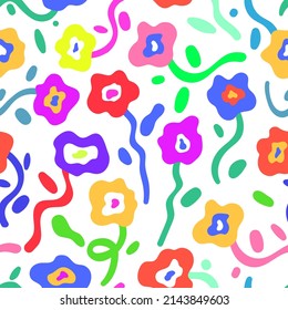 vintage vector seamless pattern in hippie style.70s and 60s funky background.Psychedelic texture with flowers. Abstract shapes for wallpaper and other decoration or print ornament.