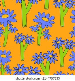 vintage vector seamless pattern in hippie style.70s and 60s funky and groovy postcards.Psychedelic pattern with flowers shapes.Vibrant ornament for wallpaper and back.Low contrast.Retro poster