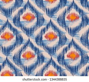 Vintage vector seamless pattern in ikat style. Retro ikat blue pattern.