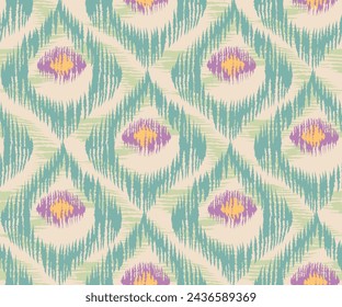 Vintage vector seamless pattern in ikat style. Retro ikat green pattern with abstract peacock feathers.