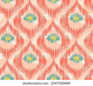 Vintage vector seamless pattern in ikat style. Retro ikat pink pattern with abstract peacock feathers.