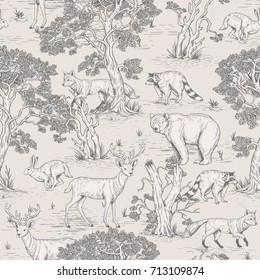 Vintage Vector Seamless Pattern Of Illustrated Woodland Wild Animals In The Forest