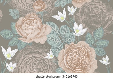 Vintage vector seamless pattern. Illustration with roses and spring flowers. Floral design. 