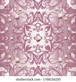 Patrón vectorial vintage sin fisuras. Joyería de fondo floral. Repetir el fondo rosado. Ornamentos de estilo barroco antiguo. Vintage más bajo, hojas, perlas 3d. Ordenar un bonito diseño de lujo. Textura de seda.