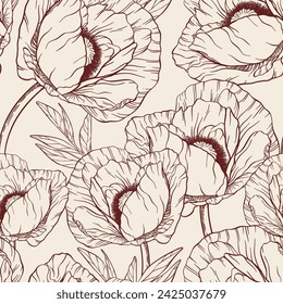 Vintage vector seamless pattern of many big hand drawn poppies. Open linear flower buds on thin stems. Art for trendy fabric print design, cloth swatch, advertising layout. Elegant old beige picture