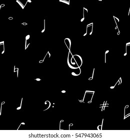 Vintage vector seamless pattern of music stave notes with hand drawn elements and a clef; a black and white  illustration