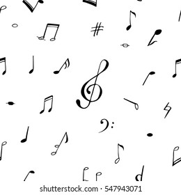 Vintage vector seamless pattern of music stave notes with hand drawn elements and a clef; a black and white  illustration