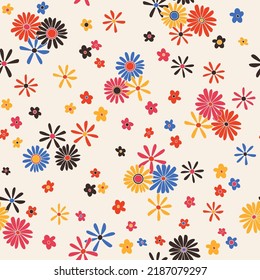 Vintage vector seamless pattern. Nostalgic retro 70s groovy print. Hippie floral background. Textile and surface design with old fashioned hand drawn naive geometric flowers