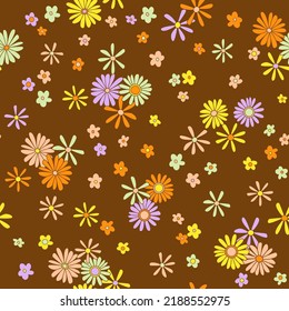 Vintage vector seamless pattern. Nostalgic retro 70s groovy print. Hippie floral background. Textile and surface design with old fashioned hand drawn naive geometric flowers
