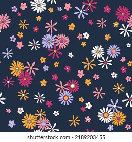 Vintage vector seamless pattern. Nostalgic retro 70s groovy print. Hippie floral background. Textile and surface design with old fashioned hand drawn naive geometric flowers