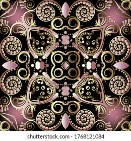 Vintage vector seamless pattern. Old renaissance style floral background. Repeat colorful backdrop. Antique gold ornaments. Vintage flowers, leaves, swirls, circles. Ornate beautiful elegance design.