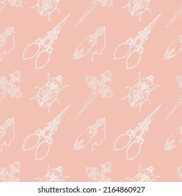 vintage vector seamless pattern. outline of vintage items:
beetle, dagger, scissors, chain, bottle. detailed white pattern on pink
background. vintage pattern for print, textile, fabric, paper