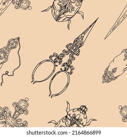 vintage vector seamless pattern. outline of vintage items:
beetle, dagger, scissors, chain, bottle. detailed black pattern on peach
background. vintage pattern for print, textile, fabric, paper