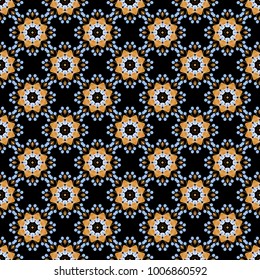 Vintage vector seamless pattern for print or fabric. Abstract colorful background for invitation, wedding card. Decorative arabic round ornate mandala in black, blue and yellow colors.