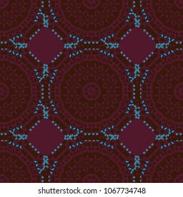 Vintage vector seamless pattern for print or fabric. Abstract colorful background for invitation, wedding card. Decorative arabic round ornate mandala in brown, blue and purple colors.