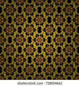 Vintage vector seamless pattern for print or fabric. Abstract colorful background for invitation, wedding card. Decorative arabic round ornate mandala in yellow, brown and black colors.