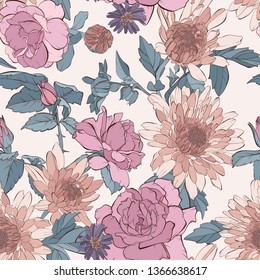 Vintage vector seamless pattern with rose, aster flowers,tea rose, dahlia flowers and wildflowers. Floral pattern. Hand drawn botanical vector illustration.  