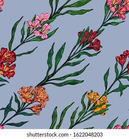 Vintage vector seamless pattern. Sketches of tropical Alstroemeria flowers. Hand drawn exotic plants background. Colored bright botanical wallpaper for textile, paper, prints, wrapping, fabric, card.