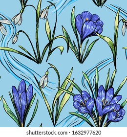 Vintage vector seamless pattern. Sketches of spring flowers snowdrops and crocuses. Hand drawn wild plants background. Colored bright botanical wallpaper for textile, prints, wrapping, fabric, card.