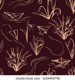 Vintage vector seamless pattern. Sketches of flowers snowdrops, crocuses and paper plane, boats Hand drawn spring background Monochrome botanical wallpaper for textile, prints, wrapping, fabric, card.