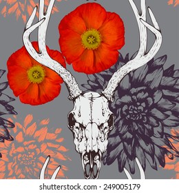 Vintage vector seamless pattern with skulls of deer, floral elements and poppy flowers 