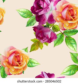 Vintage vector seamless pattern. Watercolor floral hand-drawn illustration. Purple and yellow roses on a beige background. 