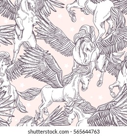 Vintage vector seamless pattern of white winged pegasus on pink background, vintage vector design elements, greeting card