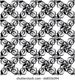 Vintage vector seamless pattern. White background wallpaper illustration with black flowers, curve swirl line art tracery leaves and abstract damask ornaments. Vector isolated texture