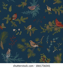 Vintage vector seamless pattern. Winter birds and branches. Botanical illustrations. Dark