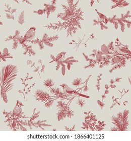 Vintage vector seamless pattern. Winter birds and branches. Botanical illustrations. Toile de jouy. Red and white