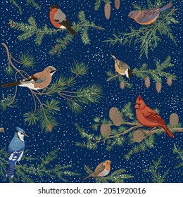 Vintage vector seamless pattern. Winter birds and branches. Botanical illustrations. Snowy night 