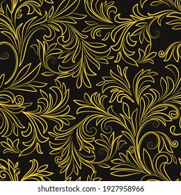 Vintage vector seamless patterns. Gold elegant botanical forms on black background. Victorian style. Good print for wrapping paper, packaging design, wallpaper, ceramic tiles, and textile