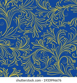 Vintage vector seamless patterns. Gold elegant botanical forms on blue background. Victorian style. Good print for wrapping paper, packaging design, wallpaper, ceramic tiles, and textile