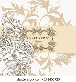 Vintage vector seamless wallpaper with swirls and hand drawn rose flowers