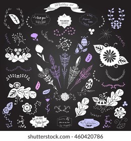 Vintage vector set of artistic hand drawn doodle elements, floral, arrows, swirls, scrolls