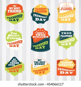 Vintage vector set of badges for Friendship Day. Retro labels vector set for happy celebration of Friendship Day.