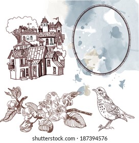 vintage vector set with castle and cherry blossom