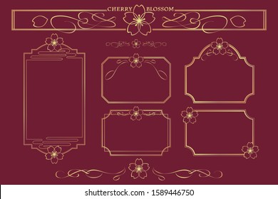 Vintage vector set of cherry blossom. Japanese, Asian, Chinese. Red background.