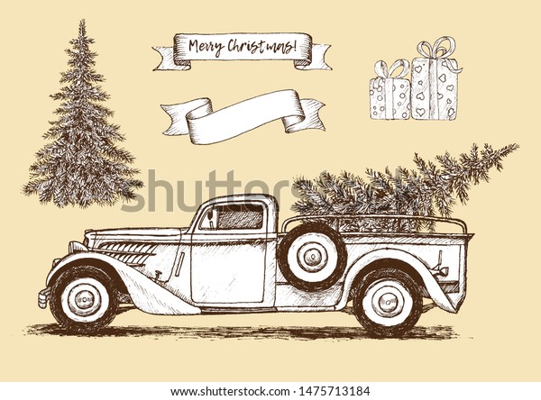 Vintage Vector Set Christmas Truck Gifts Stock Vector