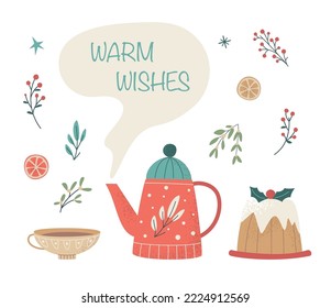 Vintage vector set with cozy teapot, mug and sweets. Tea and traditional Christmas cake, decorative floral elements. Warm wishes for Xmas, New year or winter holidays