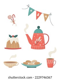Vintage vector set with cozy teapot, mug and sweets. Tea and traditional Christmas cake, candy, cookies. Warm wishes for Xmas, New year or winter holidays