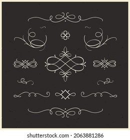 Conjunto vectorial vintage de elementos caligráficos decorativos - viñetas y florecimiento. Giros y adornos de estilo retro, decoraciones para tarjetas de felicitación, certificados, invitaciones, bordes y marcos