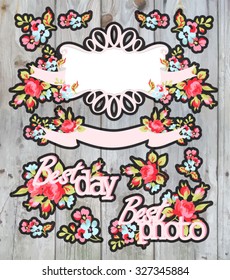 Vintage vector set of decorative design elements for Valentineâ??s Day, wedding card, scrapbook. Graphic set, wreath, flowers, ribbons and labels on wood background.