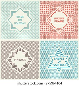 Vintage Vector Set. Design Templates for Logo, Labels and Badges on Decorative Backgrounds with Simple Patterns. Mono Line Graphic Style.