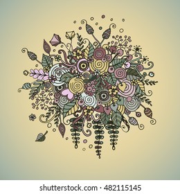 Vintage Vector set  in doodle style. Bouquet from flowers, leaves, spirals, berries and other elements in style a doodling and zentangl. Abstract invitation card, spring floral background.