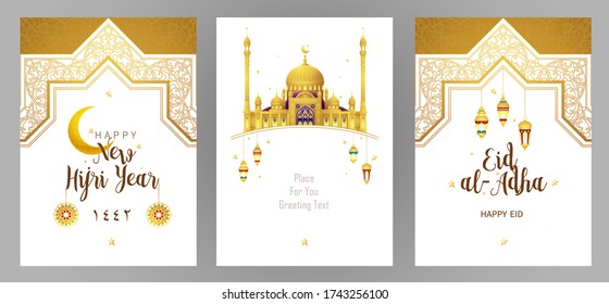 Vintage vector set and Eid Al  Adha  Happy New Hijri Year greeting card  Card and place for text  Lanterns  arch  geometry ornament for Muslim Islamic Holidays  Eastern style  Arabic translate: 1442