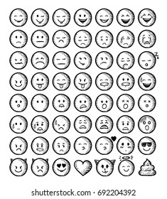 Vintage Vector Set Of Engraved Emoji - Collection Of 54 Various Face Expressions In Round Standard Head Shape. Sketch Circles With All Base Emotions.