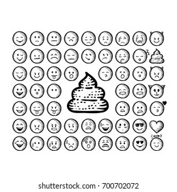 Vintage Vector Set Of Engraved Emoji - Collection Of 54 Various Face Expressions In Round Standard Head Shape. Sketch Circles With All Base Emotions.